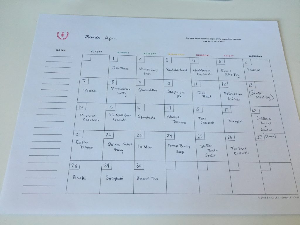 April Monthly Meal Plan